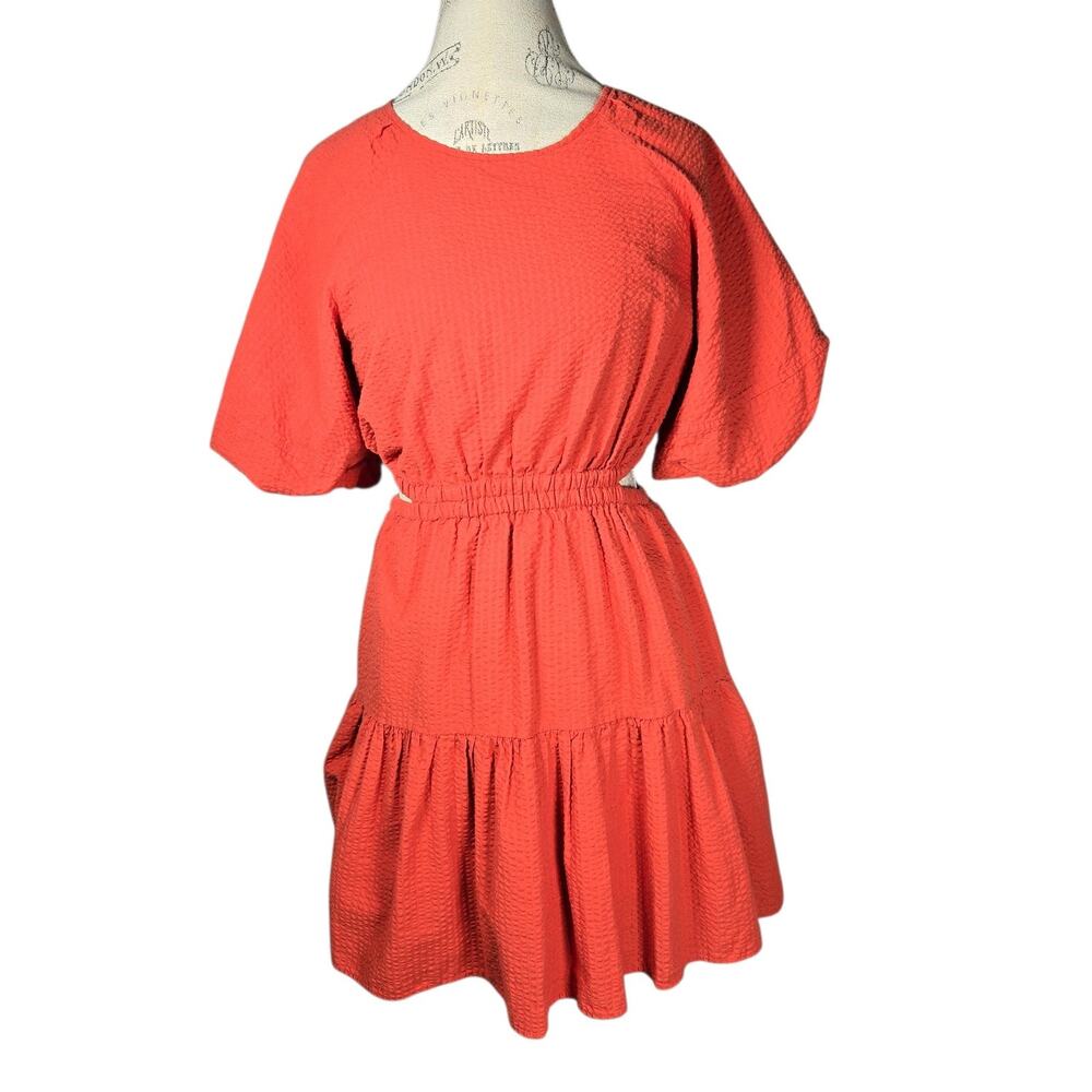 Madewell Womens M Orange Seersucker Puff Sleeve Mini Dress Cutout Summer Wedding